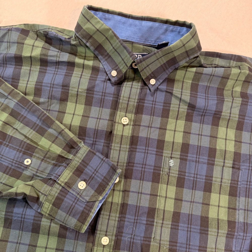 IZOD Button Down Shirt Mens XL Green Blue Plaid Long Sleeve Pocket Office Preppy